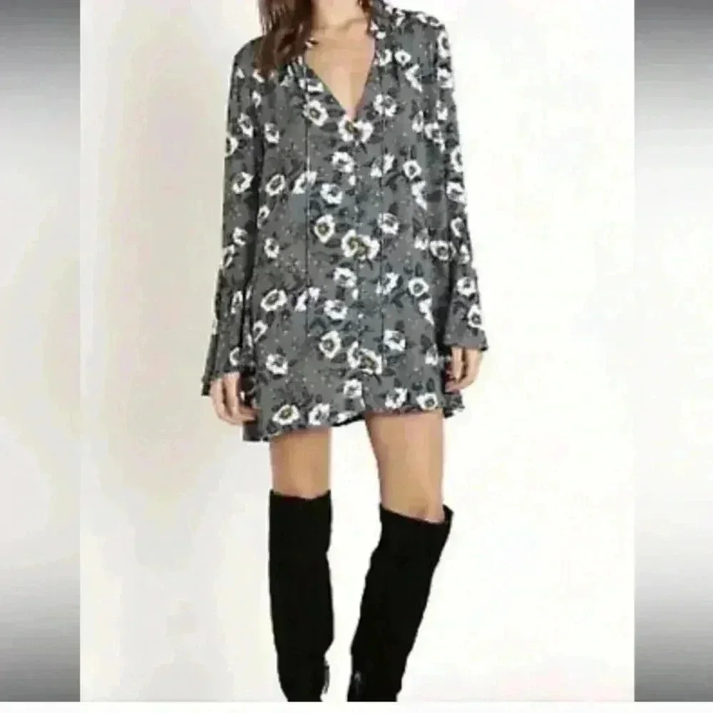 FREE PEOPLE Boho Green Floral Magic Mystery Tunic Oversized Blouse Sz S/P